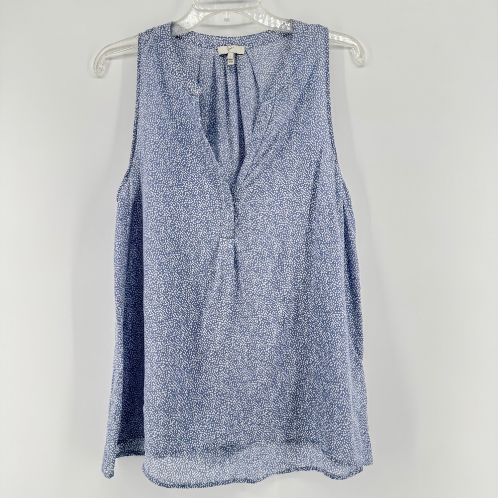Joie Blue White Dot Print Sleeveless V Neck Silk Blouse Top Women's Size L Pleat